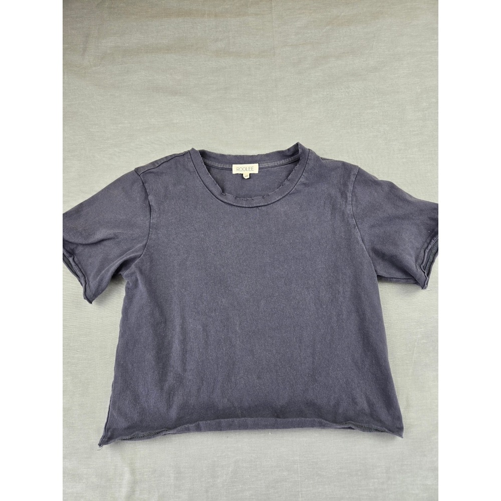 ROOLEE Faded Navy Blue Eagle Graphic Cropped T-Shirt XXS Cotton Raw Hem Distress